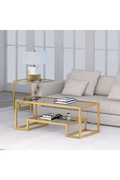 Hitit Dekorasyon Pegged Gold Metal Cam Orta Sehpa