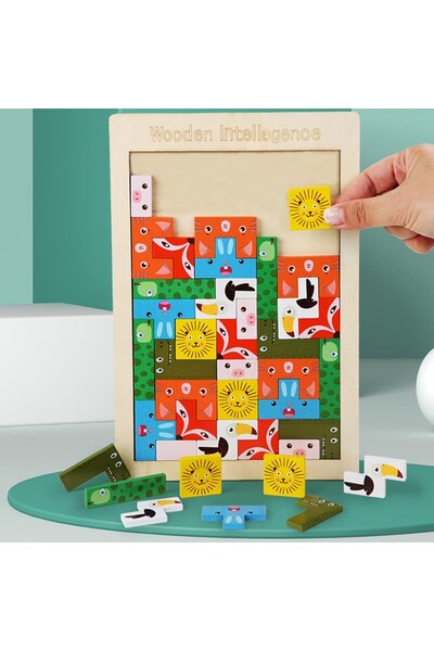 Flippy Wooden Puzzle Tetris-style, 3D Colorful Animals, 40 Pieces, Ages 4+