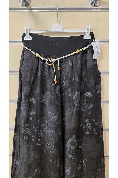 Park Moda Pantaloni din in italian cu model de trandafiri cu detaliu de centura