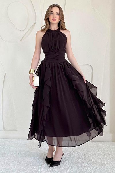 Elbee Fashion Woman Halter Collar Lined Dress