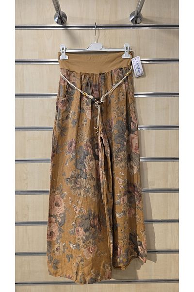 Park Moda Pantaloni din in italian cu model de trandafiri cu detaliu de centura