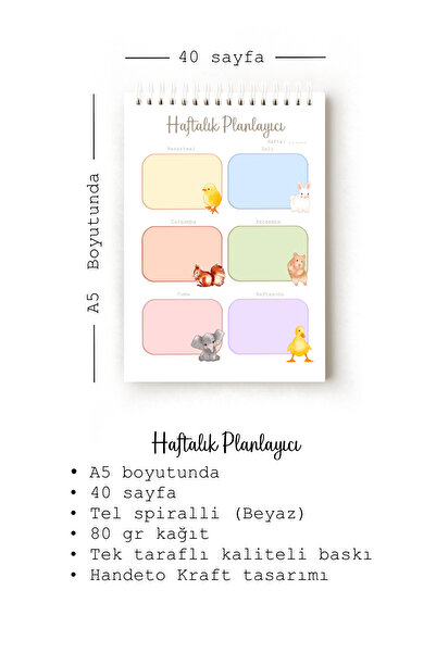 Handeto Kraft مجموعة مخطط تركي مكونة من 3 قطع من الحيوانات اللطيفة، مخطط أسبوعي، تتبع العادات، مخطط يومي