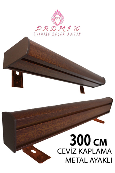 PERDE Mix 300 CM CEVİZ VİP Dekoratif Perde Ray Kornişi Alüminyum 2 Kanallı 8 ...