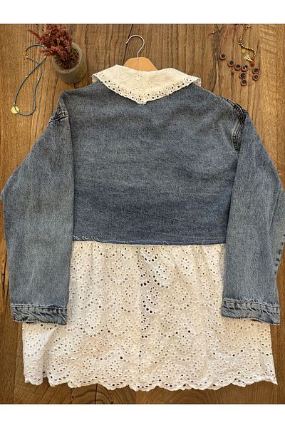 boutich Women's Lace Detail Jean Look Special Design Denim Jacket - Shirt Collar