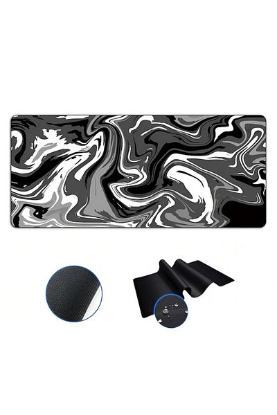 Dali Mousepad pentru birou, antiaderent, model Marble, 90x40cm, Alb-Negru