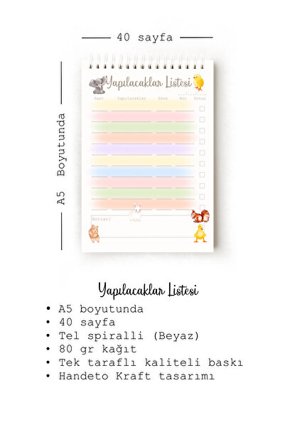 Handeto Kraft Cute Animals Turkish to Do List, To-Do List, A5 To-Do List, Task List, Spiral