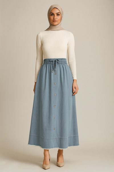 Doque 52006 BELİ LASTİKLİ ÖNÜ ETEK UCUNA KADAR DÜĞMELİ BELİ BAĞLAMALI FERMUAR CEPLİ KOT ETEK #03-25#