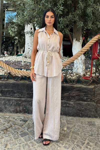 MissVina Ριγέ αμάνικο πουκάμισο και φαρδύ παντελόνι 1253