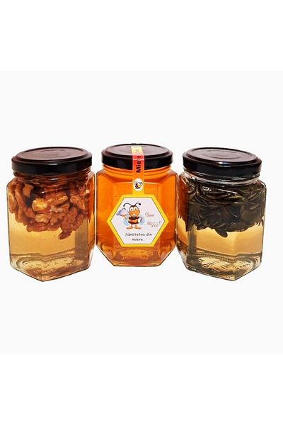 OEM Set 1 Borcan Miere Multifloră 250g, 1 Borcan Miere cu Semințe 250g, 1 Borcan Miere cu Nuci 250g