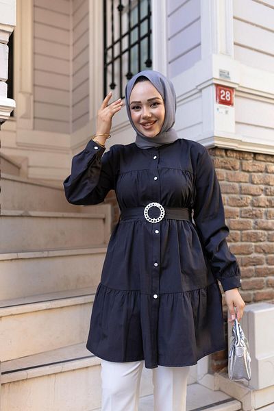 Hb Harma Time Butik Women's Buttoned Belt Detailed Black Shirt