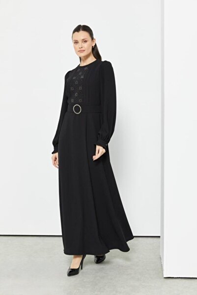 Doque 63080 SIFIR YAKA BELİ KEMERLİ ÖNÜ TAŞLI KREP ELBİSE #04-25#