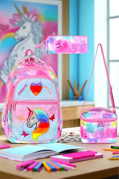 Shopiolog Girl's Primary School Orthopedic Set of 3 Pen Holder Lunch Bag with 3 Compartments Water Bottle