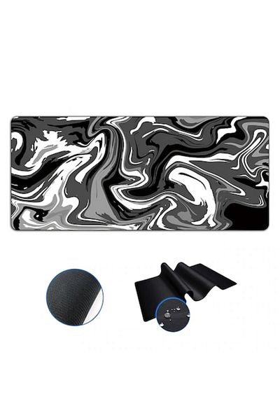 Dali Mousepad pentru birou, antiaderent, model Marble, 90x40cm, Alb-Negru