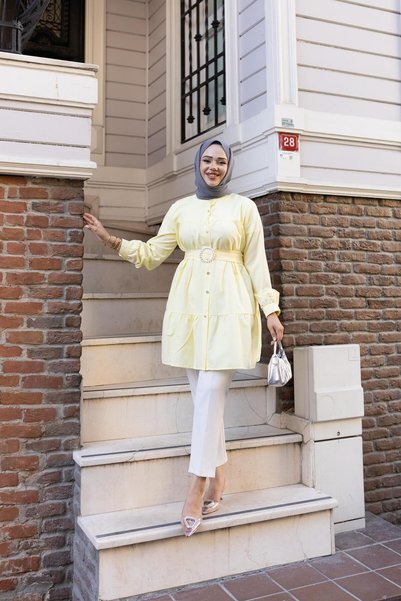 Hb Harma Time Butik Women's Buttoned Belt Detailed Yellow Shirt