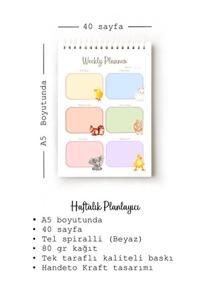 Handeto Kraft Cute Animals 3-Piece English Planner, Weekly Planner, Habit Tracker, Daily Planner