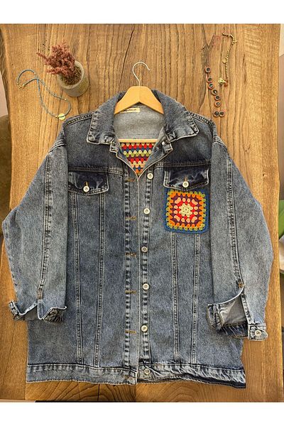 boutich Women's Handmade Knitted Detail Oversize Denim Jacket – Vintage Bohemian Design