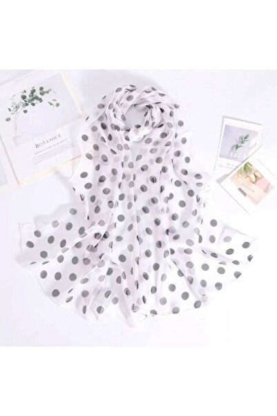 OEM Eșarfă mare de damă, elegantă, poliester, buline negre și gri, 50x160 cm, albă