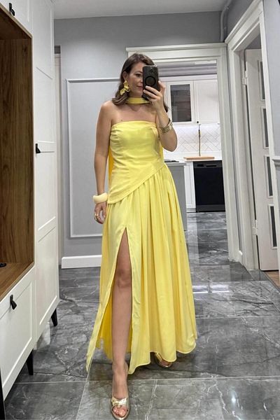 Banu Angay Strapless Asymmetrical Blouse Slit Skirt Double Suit Yellow