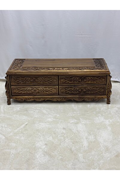 Arıkmert El Sanatları Ceviz El Oyma TV Ünitesi – 4 Çekmeceli Doğal Ahşap Medy...