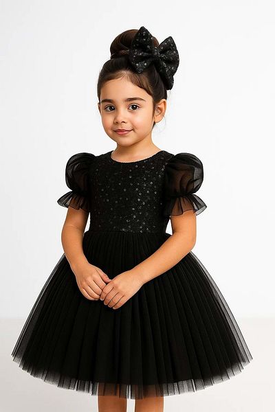 Mnk Baby&Kids Rochie Tutu pentru Fata Copii Maneca Balon Paiete Paiete M00751 NEGRA