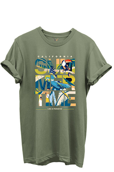 WİDİ تي شيرت كاليفورنيا صيفي ونمط الببغاء الاستوائي ونخيل 100% قطن مناسب للجنسين