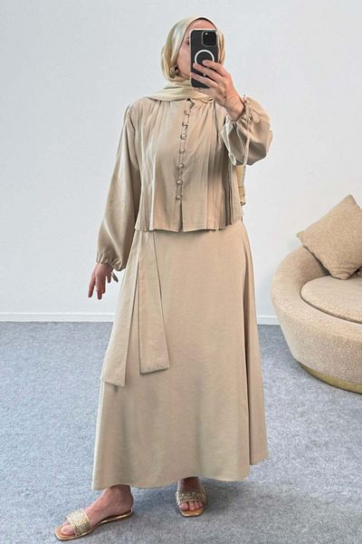 Hatun Atila Double Breasted Shirt with Gathered Sleeves Ribbed Belt and Floor-Length Skirt Set 8875 - Beige