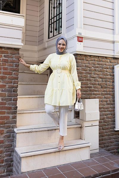 Hb Harma Time Butik Women's Buttoned Belt Detailed Yellow Shirt