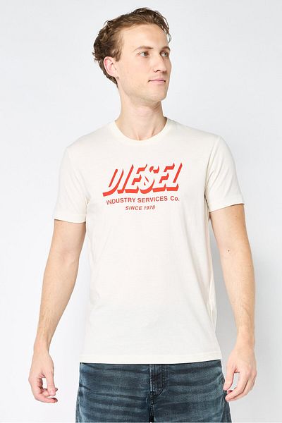 Diesel تي شيرت رجالي بطبعة جرافيكية بأكمام قصيرة ورقبة دائرية، أبيض عاجي