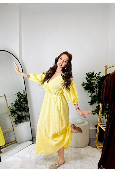 Butik BYMELİSABUTİK V Yaka Salaş Önden Bağlamalı Maxi Elbise