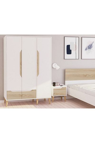 Danube Home خزانة ملابس أورورا بثلاثة أبواب مع درج - أبيض/طبيعي، الطول 119.5 سم × العرض 53 سم × الارتفاع 181.7 سم