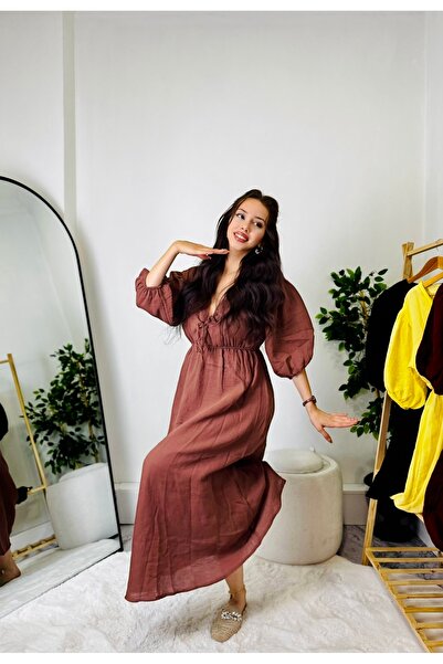 Butik BYMELİSABUTİK V Yaka Salaş Önden Bağlamalı Maxi Elbise