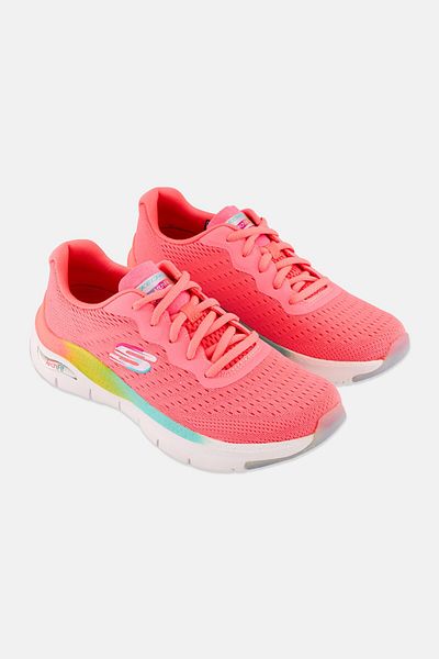 SKECHERS Women Arch Fit Power Step Lace up Running Shoes, Neon Coral