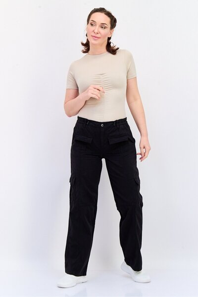 Don't Call Me Jennyfer Women Straight Fit Low Waist Solid Non Stretch Cargo Pants, Black