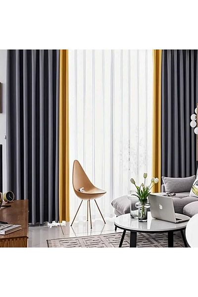 Decor Fashion Home Set of 2 curtains Velvet 02 gray + Velvet 224 mustard yellow, with rings, width 2 m, height 2.50 m