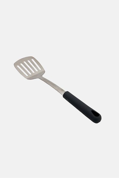 BEBEHOME Stainless Steel Slotted Turner With Rubber Oil Coating, Silver