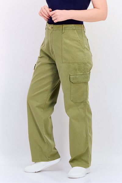 Koton Women Regular 90,s Fit Solid Cargo Pants, Olive