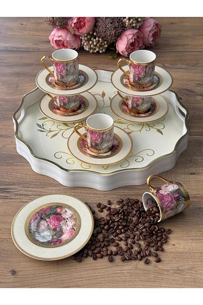 Meri Ev Gereçleri 24K Flores Turkish Coffee Cup Set for 6 People 12 Pieces