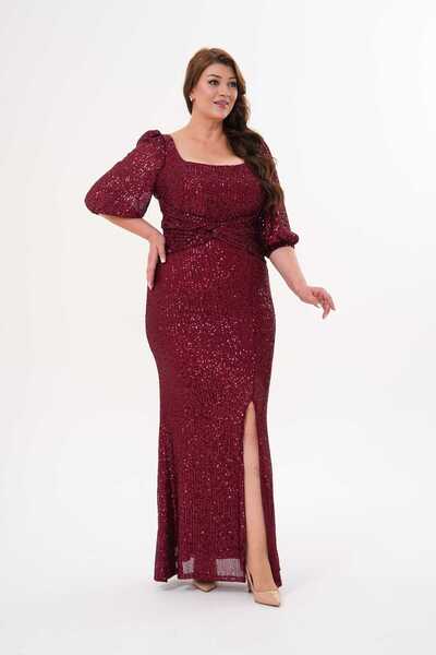 BK BOUTİQUE Işıltılı Payetli Balon Kol Yırtmaçlı Kare Yaka Uzun Abiye