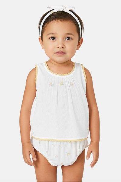 Rock A Bye Baby Boutique Toddlers Girl 3 Piece Embroidered Sleeveless Top And Bottom Set With Headband, White