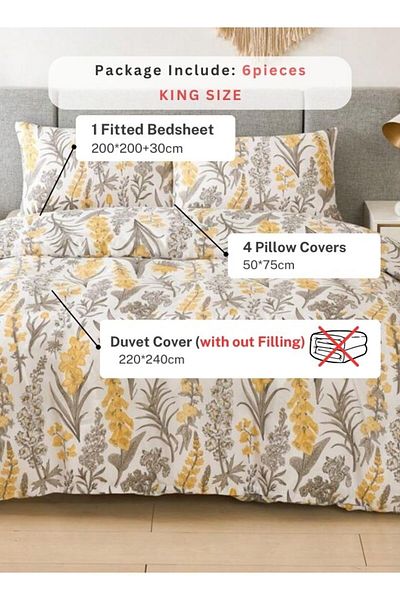 LUNA HOME King size 6 pieces, duvet cover set, yellow flowers design 220X240cm.