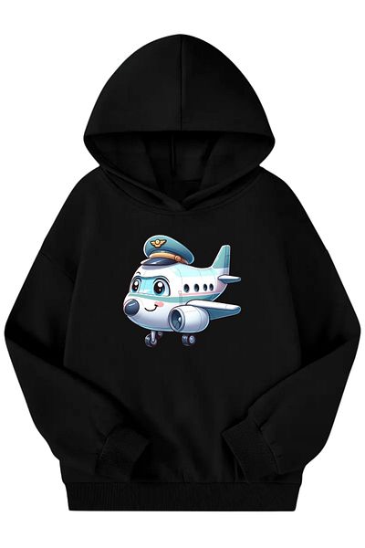 Sweetline Hanorac unisex negru pentru copii cu glugă – țesătură groasă imprimată cu avion