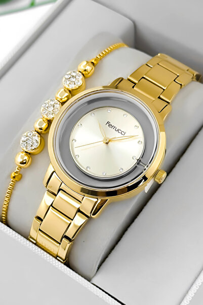 Ferrucci ساعة يد نسائية بسوار فولاذي وغطاء خلفي زجاجي شفاف ذهبي zmfer198