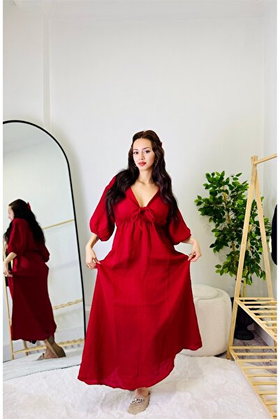 Butik BYMELİSABUTİK V Yaka Salaş Önden Bağlamalı Maxi Elbise