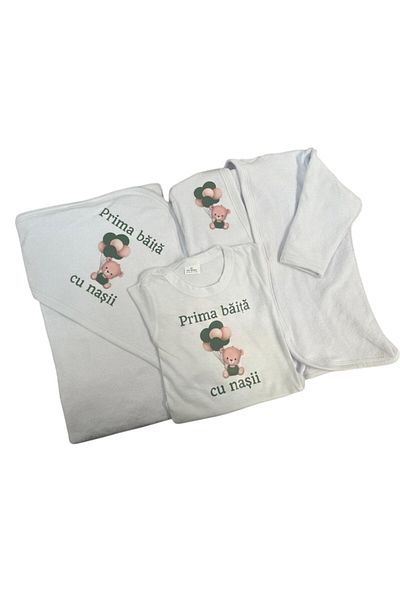 OEM Set pentru prima baita cu nasii 3-6 luni, Halat, Prosop si body, Alb-Verde