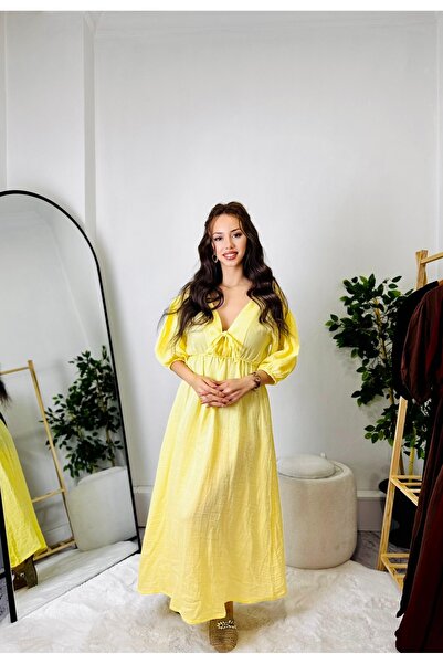 Butik BYMELİSABUTİK V Yaka Salaş Önden Bağlamalı Maxi Elbise