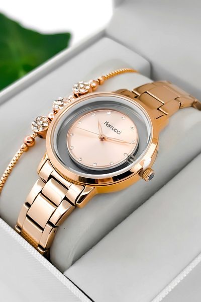 Ferrucci Steel Cord Steel Case Women Wrist Watch with Transparent Back Glass Cover Rose Zmfer198