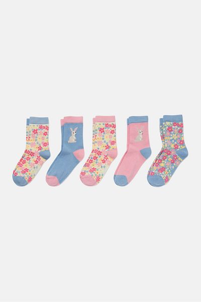 Tchibo Toddlers Girl 5 Pairs Crew Socks, Blue/Pink