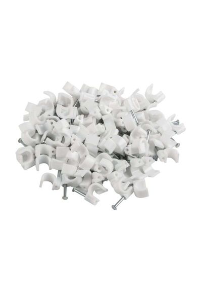 dalip Set 100 bucati cleme cablu 8mm, cui de otel 14mm, pentru prindere si fixare, Alb
