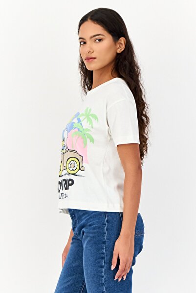 PEANUTS Women Crew Neck Short Sleeves Graphic Print Crop T-Shirt, Off White