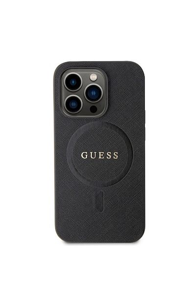 Guess Protective Case for Apple iPhone 15 Pro, Saffiano, MagSafe Compatible, Leather, Black